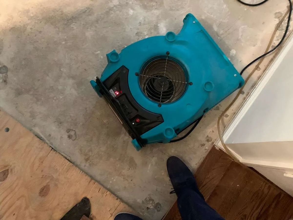 Air mover drying subfloor during Leak Detection & Repair in Epsom